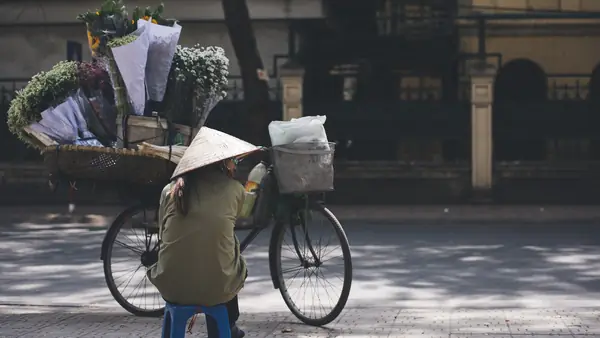 Une vendeuse de fleurs à vélo dans une rue de Hanoi, au Vietnam